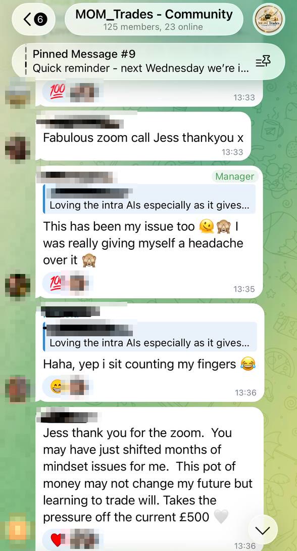 MOM community chat: members thanking Jess after a Zoom call