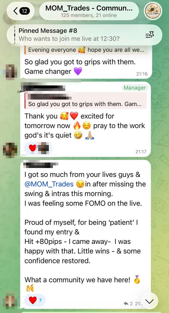 MOM community chat: a member sharing a patient trade and thanking the community