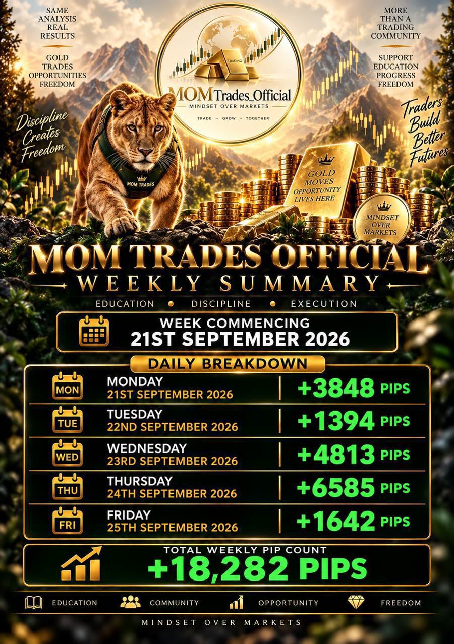 MOM Trades weekly summary poster, week commencing 21 September 2026: total +18,282 pips